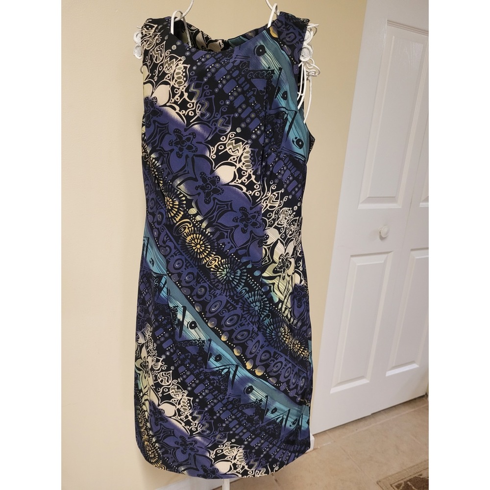 Connected Sleeveless Sheath Dress Blue Purple Floral Stretch‎ Size 12